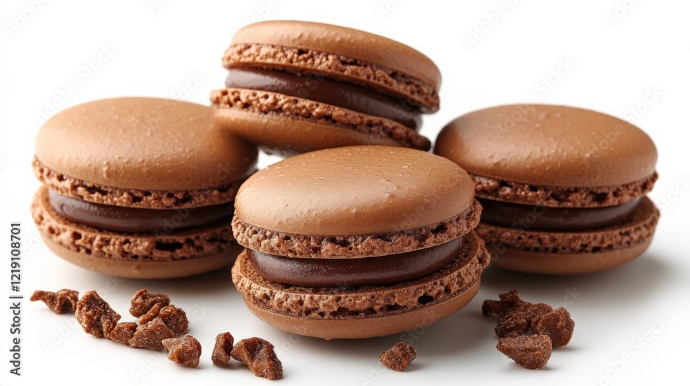 Four rich chocolate macarons with cocoa crumbles on a white background Four rich chocolate macarons with cocoa crumbles on a white background