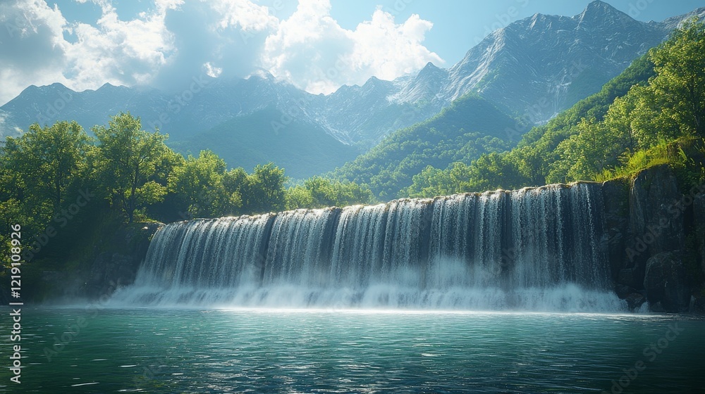 Fototapeta premium Serene waterfall cascading into a tranquil mountain lake.