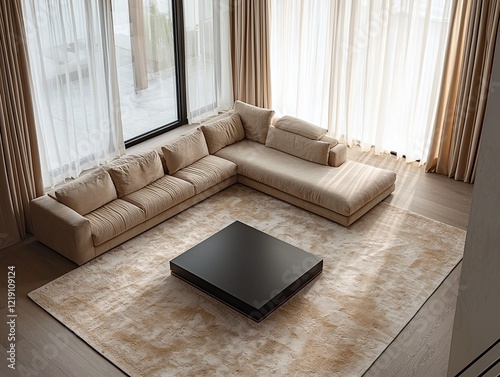 Wallpaper Mural A modern minimalist interior design top view of the living room with windows visible and sofa and table. Generative AI
 Torontodigital.ca