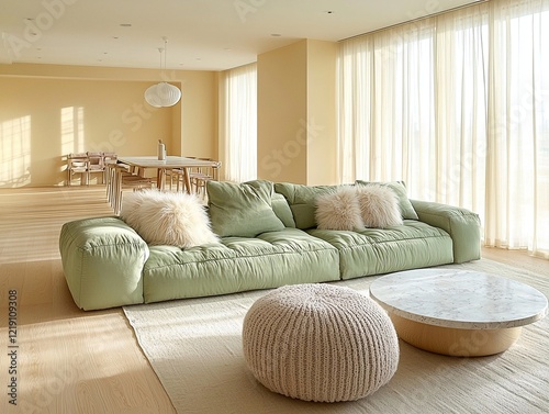 A modern minimalist interior design of a residential living room with a sofa and knit poof and a table view. Generative AI
