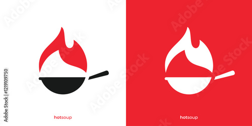 Simple Hot Soup Logo. Fire and Pan Laddle Graphic Icons. Fire Food Logo Design Template.