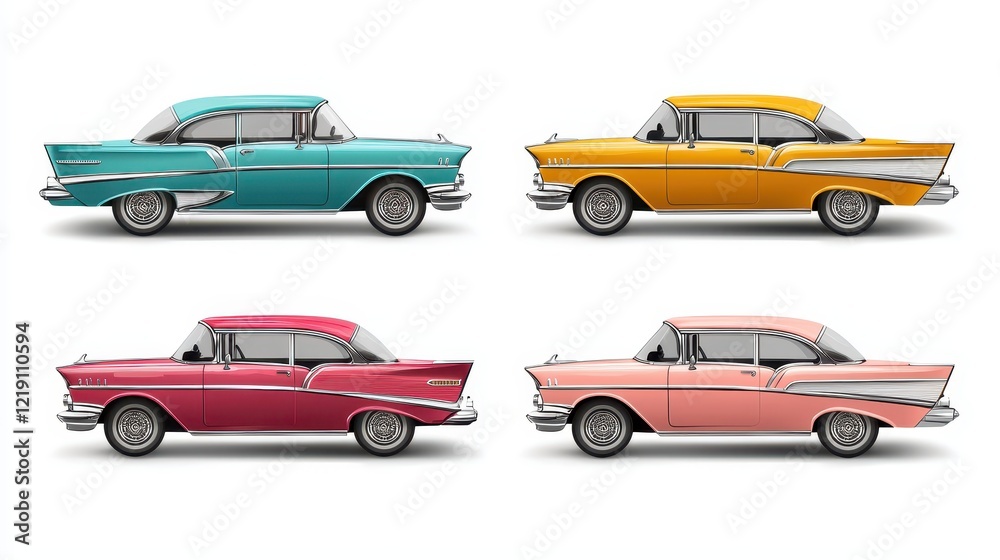 Naklejka premium A set of classic cars with chrome bumpers and retro design on a white isolated background