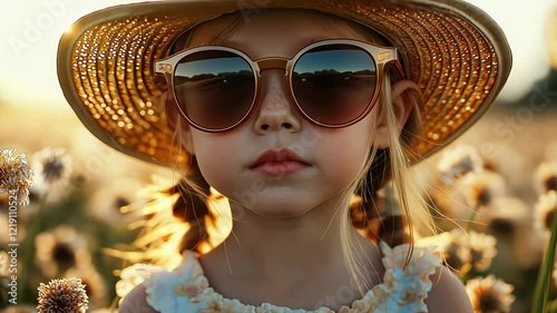 A little girl stands in a vibrant field filled with colorful flowers during summertime. She wears oversized sunglasses and a straw hat, radiating joy and innocence as she admires her surroundings.