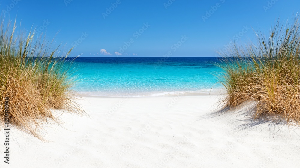 Idyllic beach scene, turquoise water, clear sky, summer vacation Idyllic beach scene, turquoise water, clear sky, summer vacation