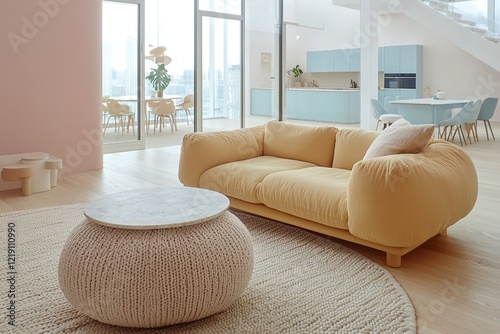 Modern minimalist interior design in the living room with pastel yellow sofas and knit poof. Generative AI

