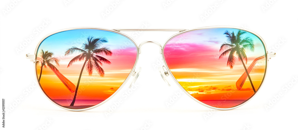 Obraz premium Gleaming silver aviator sunglasses reflecting the vibrant colors of an island sunset, with palm trees and sandy beaches in the background.