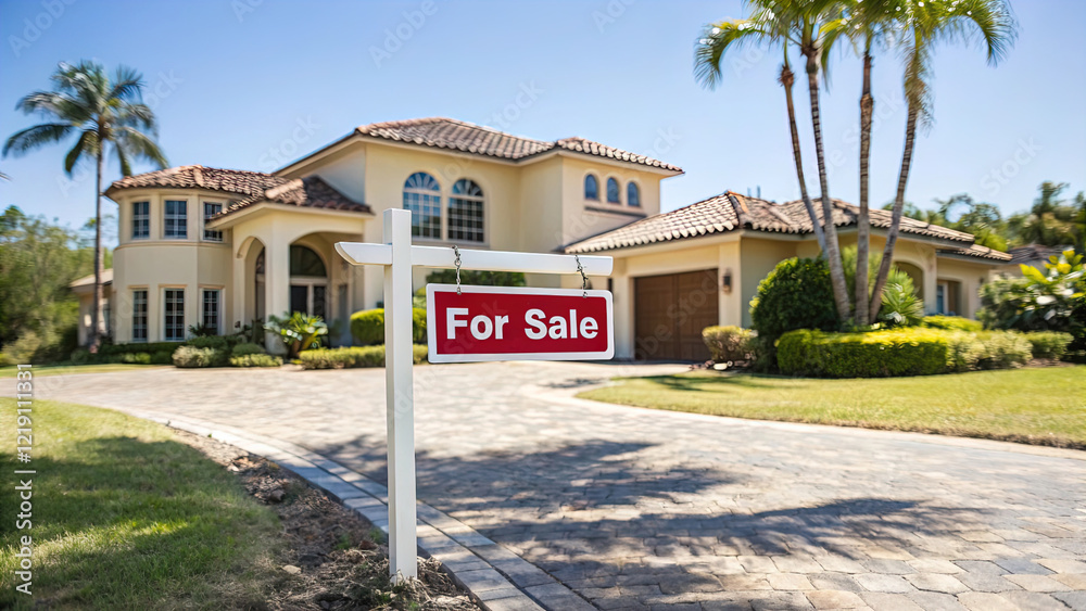 Charming home for sale surrounded by lush greenery and brick walkway, large house has a for sale sign in front of it.