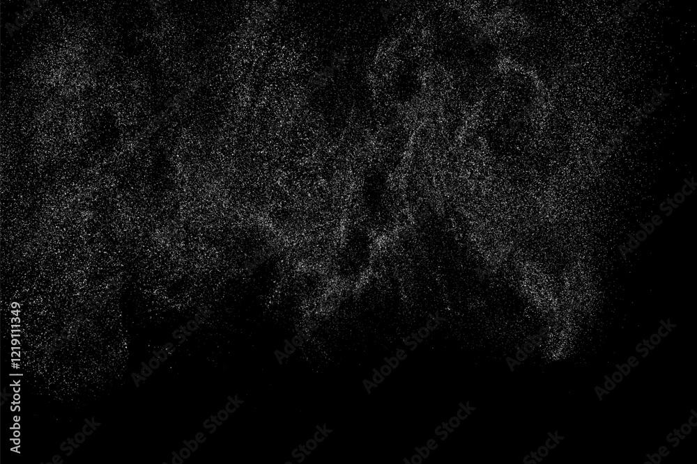 Distressed white grainy texture. Dust overlay textured. Grain noise particles. Snow effects. Rusted black background. Vector illustration, EPS 10.