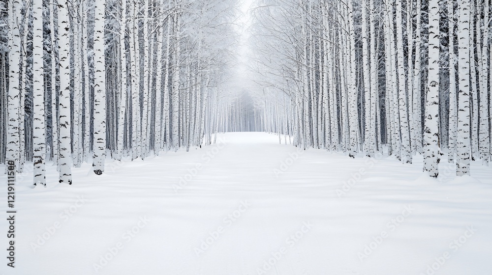 Fototapeta premium Snowy birch forest path, winter landscape, serene nature scene, ideal for travel posters