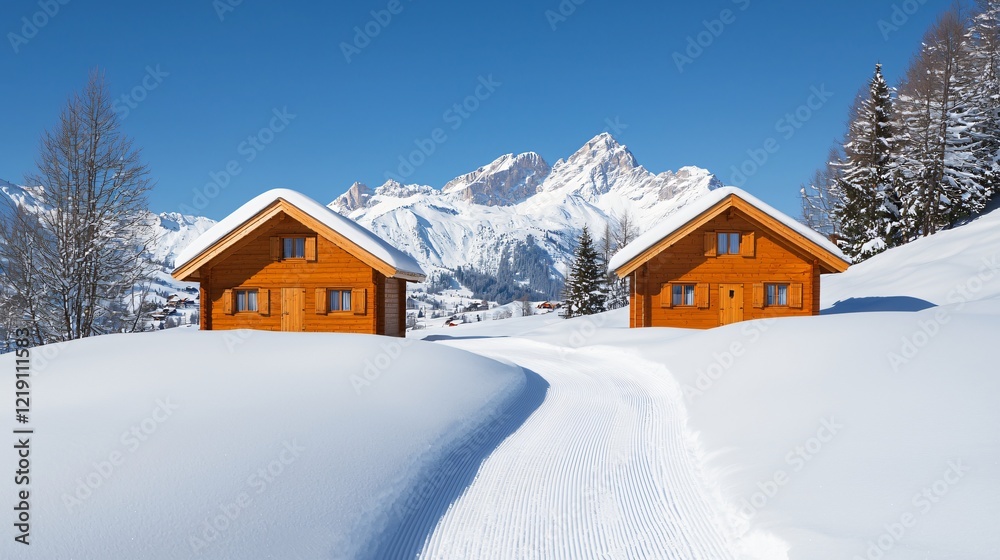 Snowy mountain cabins winter path Snowy mountain cabins winter path