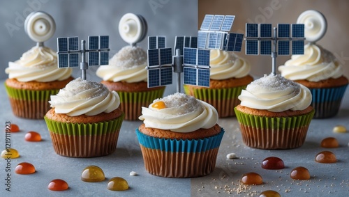 Colorful cupcakes topped with fluffy frosting and miniature satellite decorations, creating a fun and festive space-themed dessert display. photo