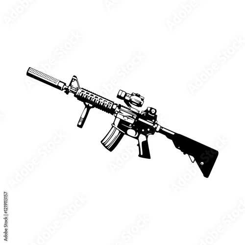 a black and white drawing of a assault rifle isolated on white