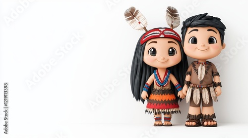 Adorable Indigenous Children in Traditional Clothing, Hand-in-Hand, White Background Illustration