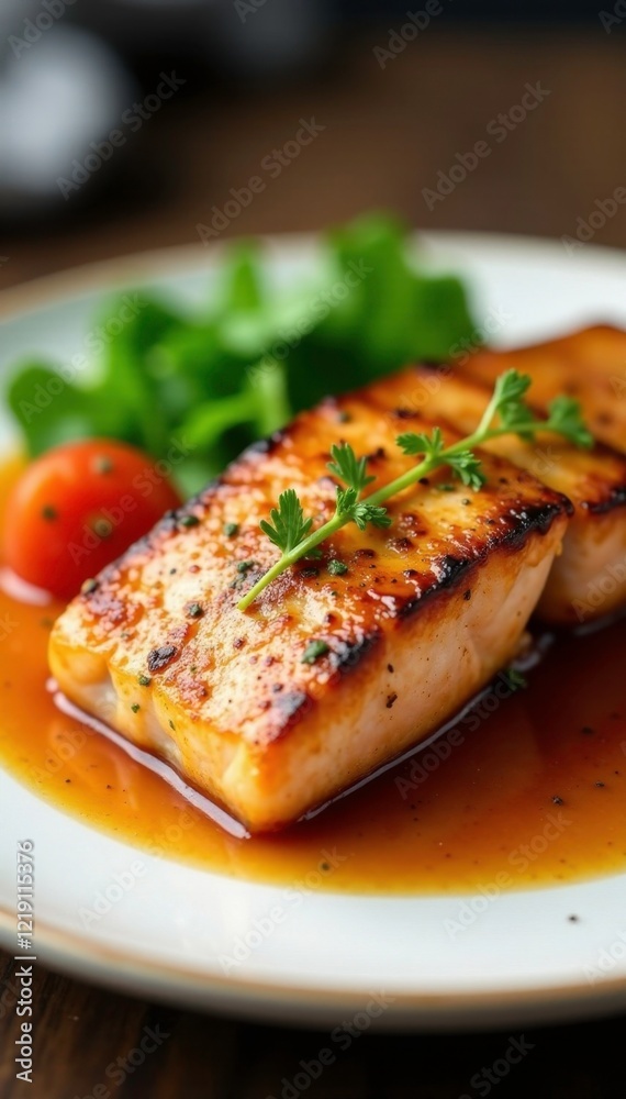 Grilled salmon steak served on a plate with sauce, cuisine, plate Grilled salmon steak served on a plate with sauce, cuisine, plate