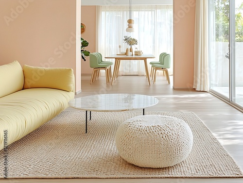 A modern minimalist interior design of a residential living room with a sofa and knit poof and a table view. Generative AI
