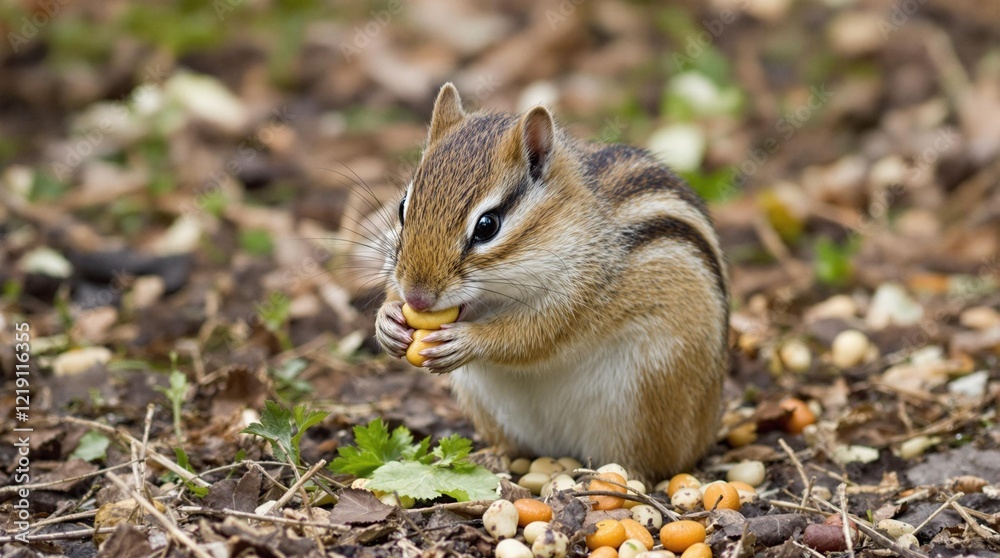 Cute chipmunk happily eating nuts on the forest floor Cute chipmunk happily eating nuts on the forest floor