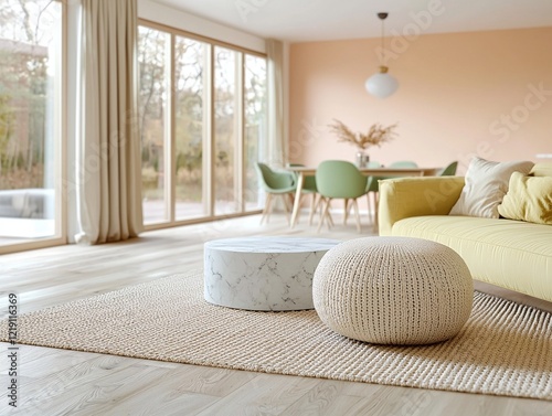 A modern minimalist interior design of a residential living room with a sofa and knit poof and a table view. Generative AI
