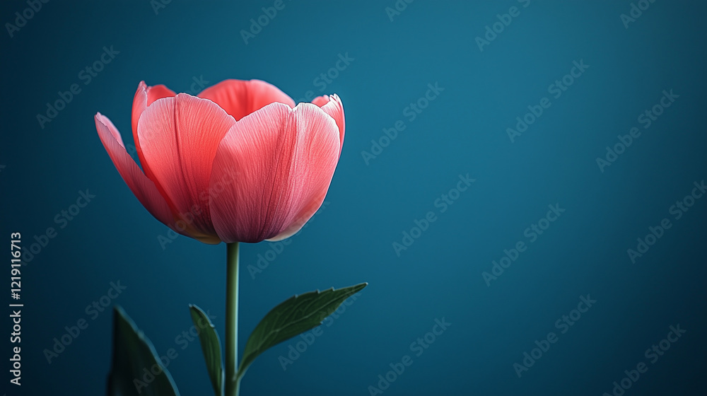Fototapeta premium A single, pink tulip stands prominently against a solid, blue background