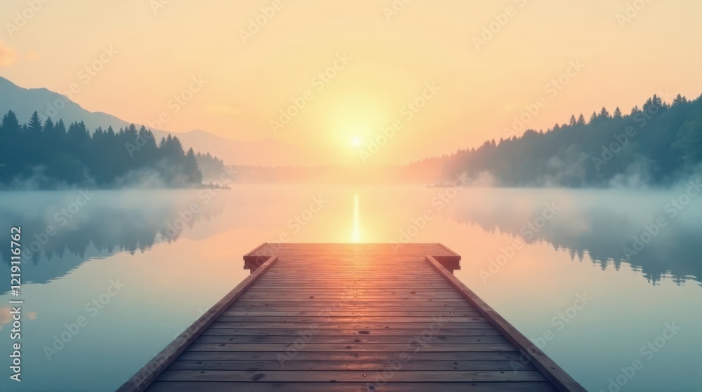Obraz premium Serene sunrise over a tranquil lake, reflected in the still water, with a wooden dock extending towards the rising sun, a peaceful and idyllic scene.