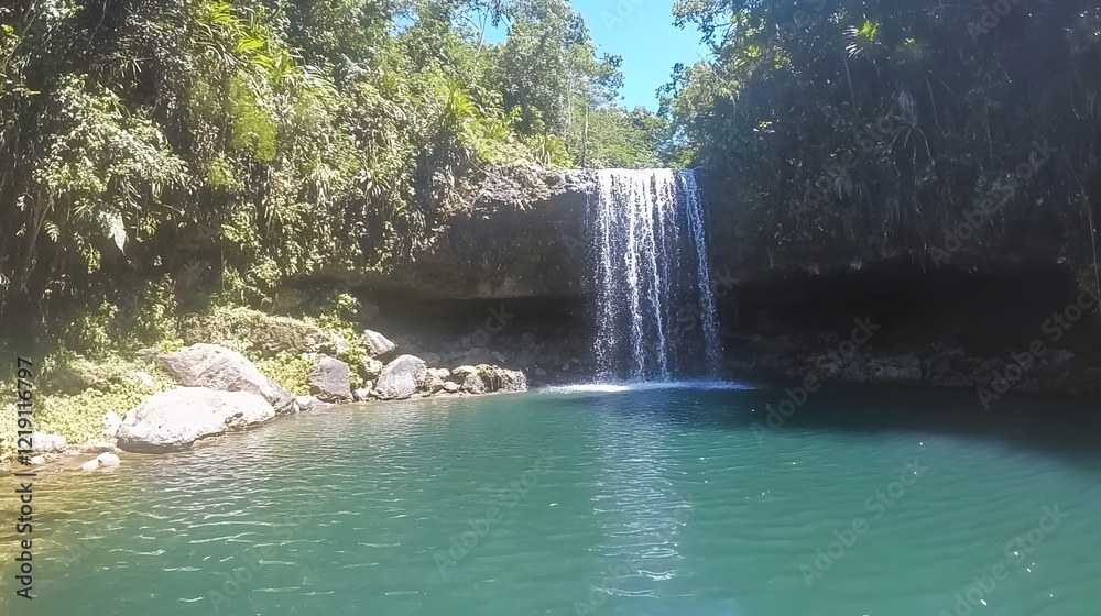 Naklejka premium Serene Waterfall in Lush Tropical Paradise