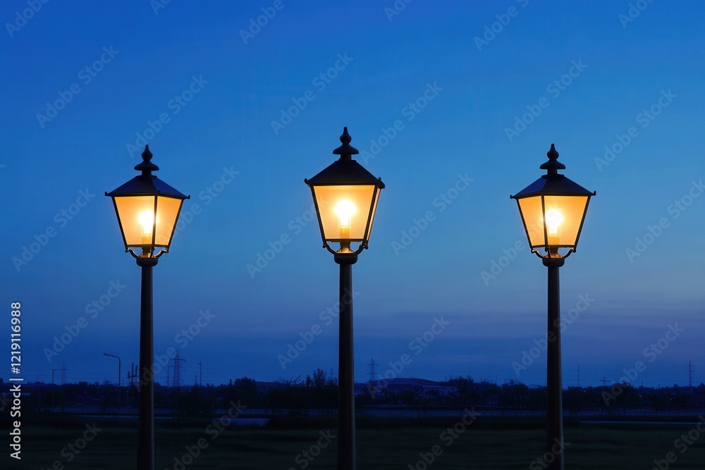 Beautiful dusk scene featuring three elegant street lamps glowing softly against a serene blue sky, illuminating the surrounding landscape at twilight Beautiful dusk scene featuring three elegant street lamps glowing softly against a serene blue sky, illuminating the surrounding landscape at twilight