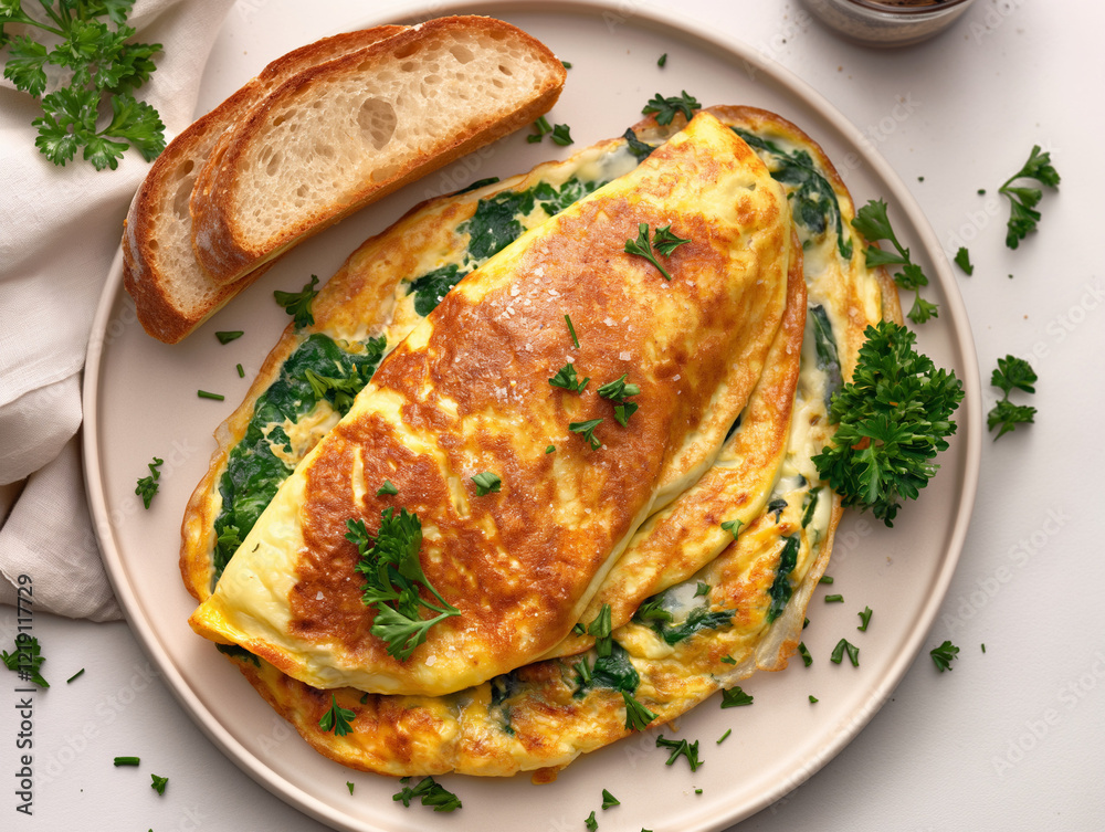 Golden omelette filled with melted cheese and sautéed spinach, served on white plate with sprig of parsley and side of toasted sourdough bread, oval framed illustration Golden omelette filled with melted cheese and sautéed spinach, served on white plate with sprig of parsley and side of toasted sourdough bread, oval framed illustration