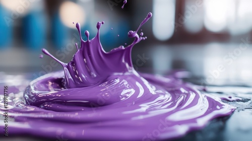 A brilliant splash of purple paint creating a fluid art effect on a surface conveys energy and creativity, embodying the exuberance of artistic expression in every droplet. photo