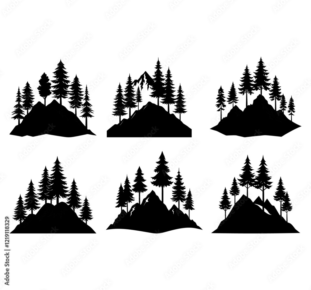 Fototapeta premium Tree silhouette background with tall and small trees. Forest silhouette illustration.