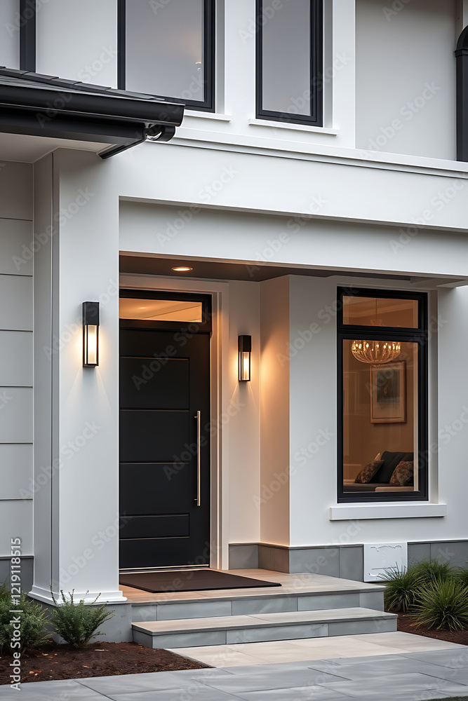 Modern House Exterior: Elegant Entrance Design with Black Door and Contemporary Architecture. Luxury Home, Real Estate, and Residential Property Modern House Exterior: Elegant Entrance Design with Black Door and Contemporary Architecture. Luxury Home, Real Estate, and Residential Property