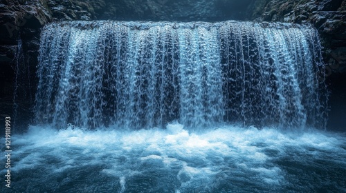Majestic waterfall cascading over dark rocks into a serene pool.