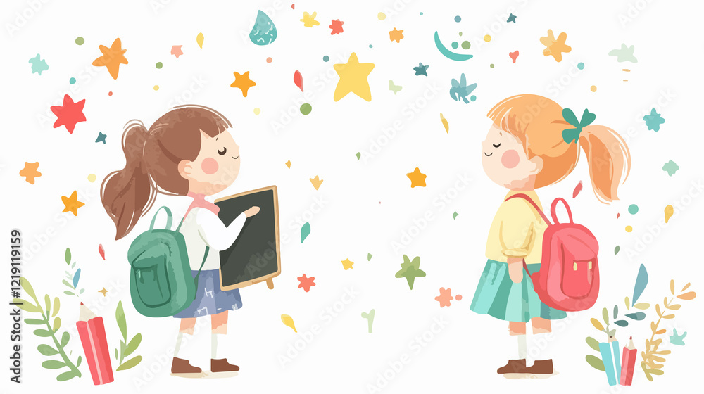 Happy Teachers Day: Teacher and Student Girl with Bag and Books Happy Teachers Day: Teacher and Student Girl with Bag and Books