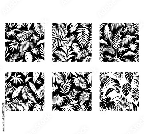 Monstera and palm tropical leaves wallpaper set of four black and white variants vector seamless pattern