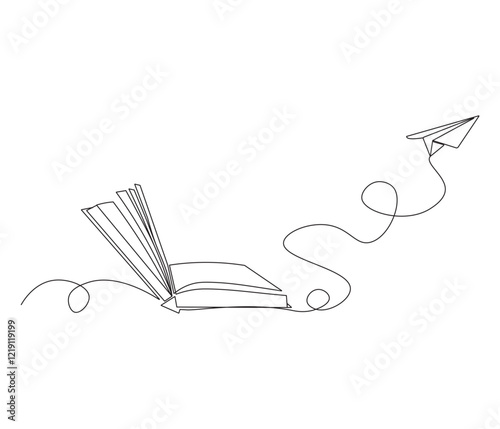 One continuous line drawing of opened book with flying paper plane. Symbol of dream in simple line. Editable stroke. Doodle line illustration