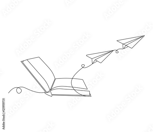 One continuous line drawing of opened book with flying paper plane. Symbol of dream in simple line. Editable stroke. Doodle line illustration