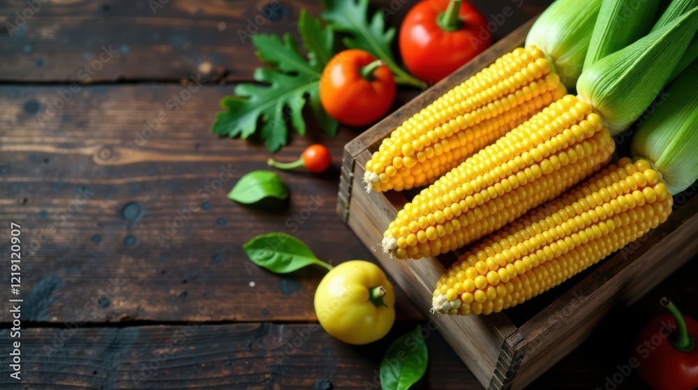 Rustic wooden crate overflowing with sweet corn and vibrant autumn vegetables, a still life of harvest bounty. Rustic wooden crate overflowing with sweet corn and vibrant autumn vegetables, a still life of harvest bounty.
