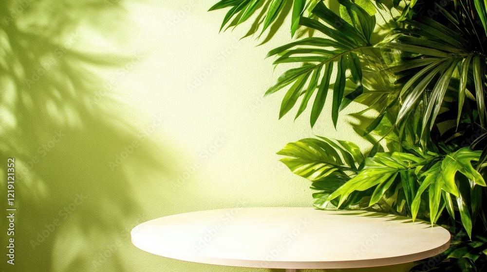 Fototapeta premium Lush Tropical Foliage With Round Table Mockup