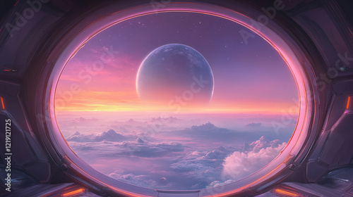Planet View Through a Futuristic Spaceship Window at Sunrise