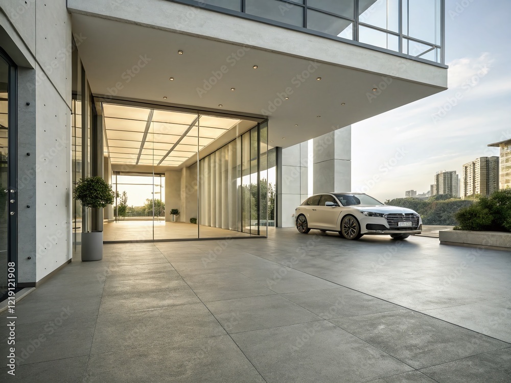 Modern Glass Architecture Entrance & Empty Concrete Floor - Car Presentation Showroom 3D Render Modern Glass Architecture Entrance & Empty Concrete Floor - Car Presentation Showroom 3D Render