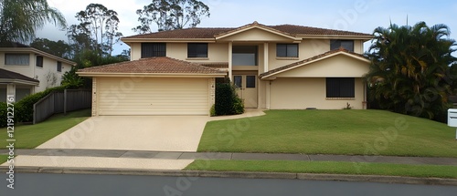 Two Story Beige House Suburban Home Exterior