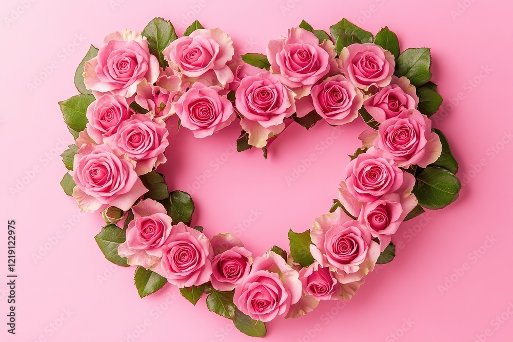 Delicate Pink Roses Forming a Heart Shape on a Pink Background