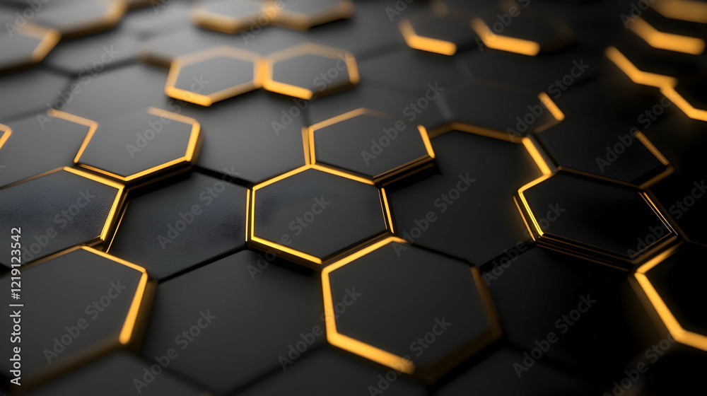 Futuristic Hexagonal Black and Gold Tiles Forming a Geometric Pattern with Illuminated Edges. Generative AI Futuristic Hexagonal Black and Gold Tiles Forming a Geometric Pattern with Illuminated Edges. Generative AI