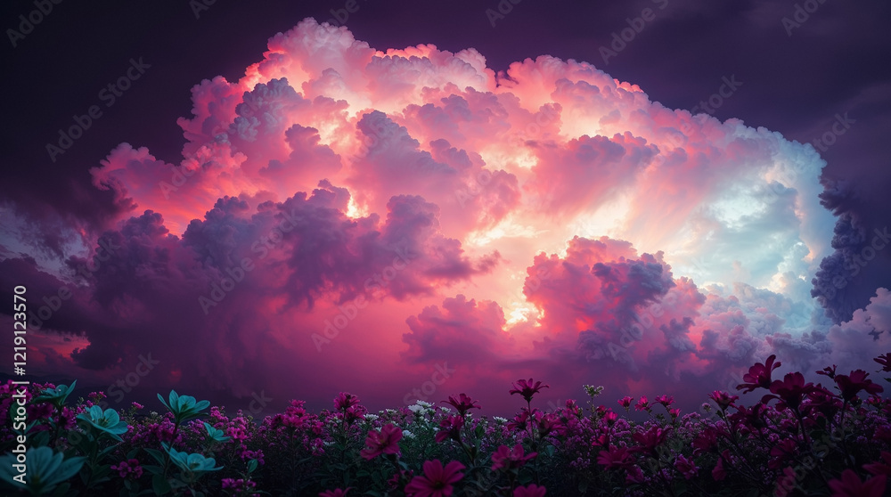 Fototapeta premium Fantastic cloud glowing at sunset over blooming flower field. Beautiful dramatic cloudscape with surreal colors