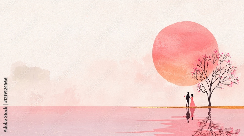 Obraz premium Romantic silhouette couple by the water against a beautiful sunset background for Valentine's Day celebration