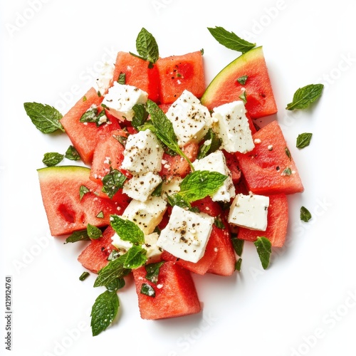 A fresh watermelon and feta salad with mint, isolated white background, minimalist art style
