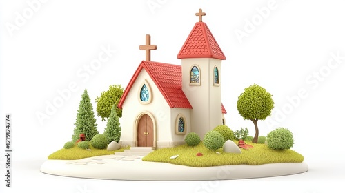 Charming Pixel Art Church on a Lush Island: A Whimsical 3D Rendering photo