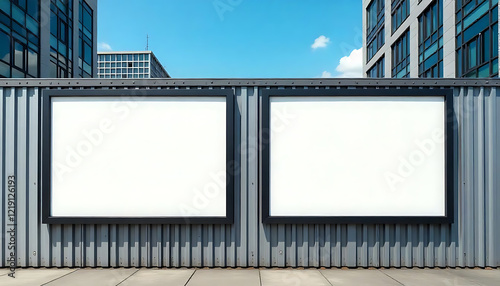 Modern Urban Scene: Two Empty Billboards with Black Frames on a Corrugated Metal Wall