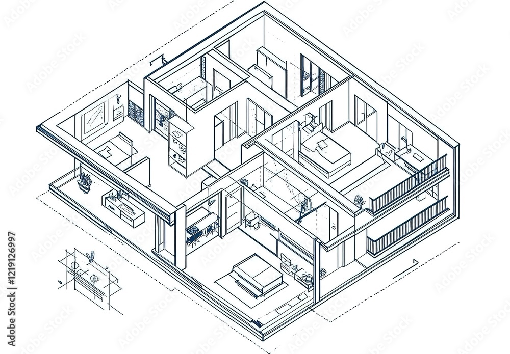 Fototapeta premium Minimalist line drawing, floor plan of an apartment with three floors and the interior rooms highlighted in blue lines on a white background