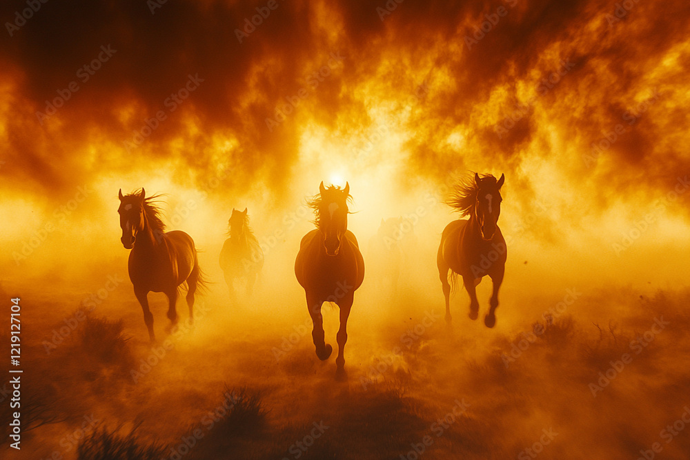 Fototapeta premium horse running in the fire background with smoke. (golden hour) 