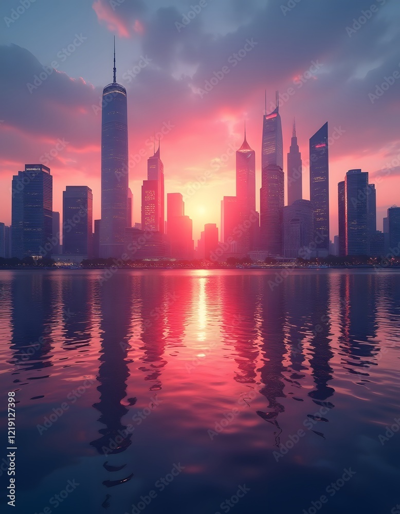 Fototapeta premium Stunning Cityscape at Sunrise Skyscrapers Reflected in Calm Water Urban Dawn