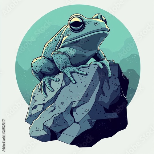 Colorful frog sitting on a rock, vibrant illustration with a stylized look, perfect for nature and wildlife themes photo